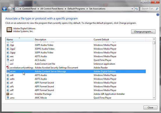 Screenshot displaying how to locate the ACSM file type.