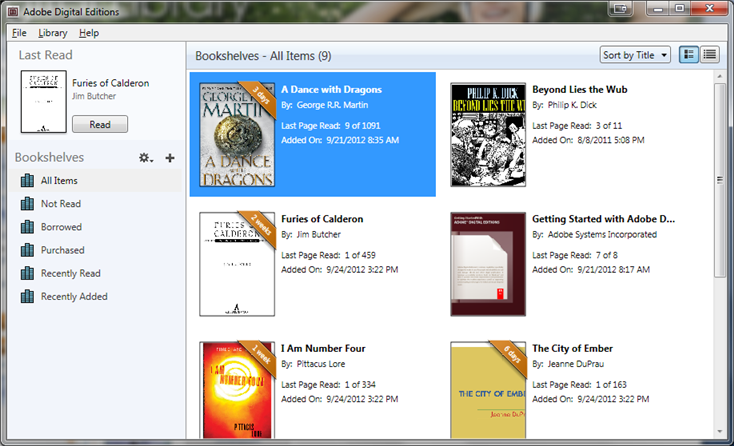 Screenshot showing Adobe Digital Editions in the default library view.