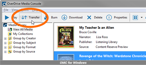 Note: In OverDrive for Windows 8, clicking Transfer from the app's audiobook player takes you to the Transfer Wizard on your desktop.