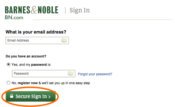 Screenshot of the Barnes and Noble sign in page