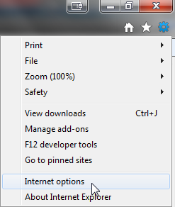 The settings menu open in Internet Explorer.