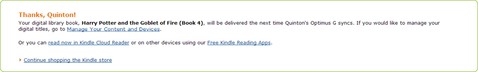 Screenshot of Amazon's Kindle Book delivery confirmation page