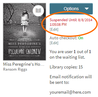 Screenshot of the hold suspended notification on the holds page
